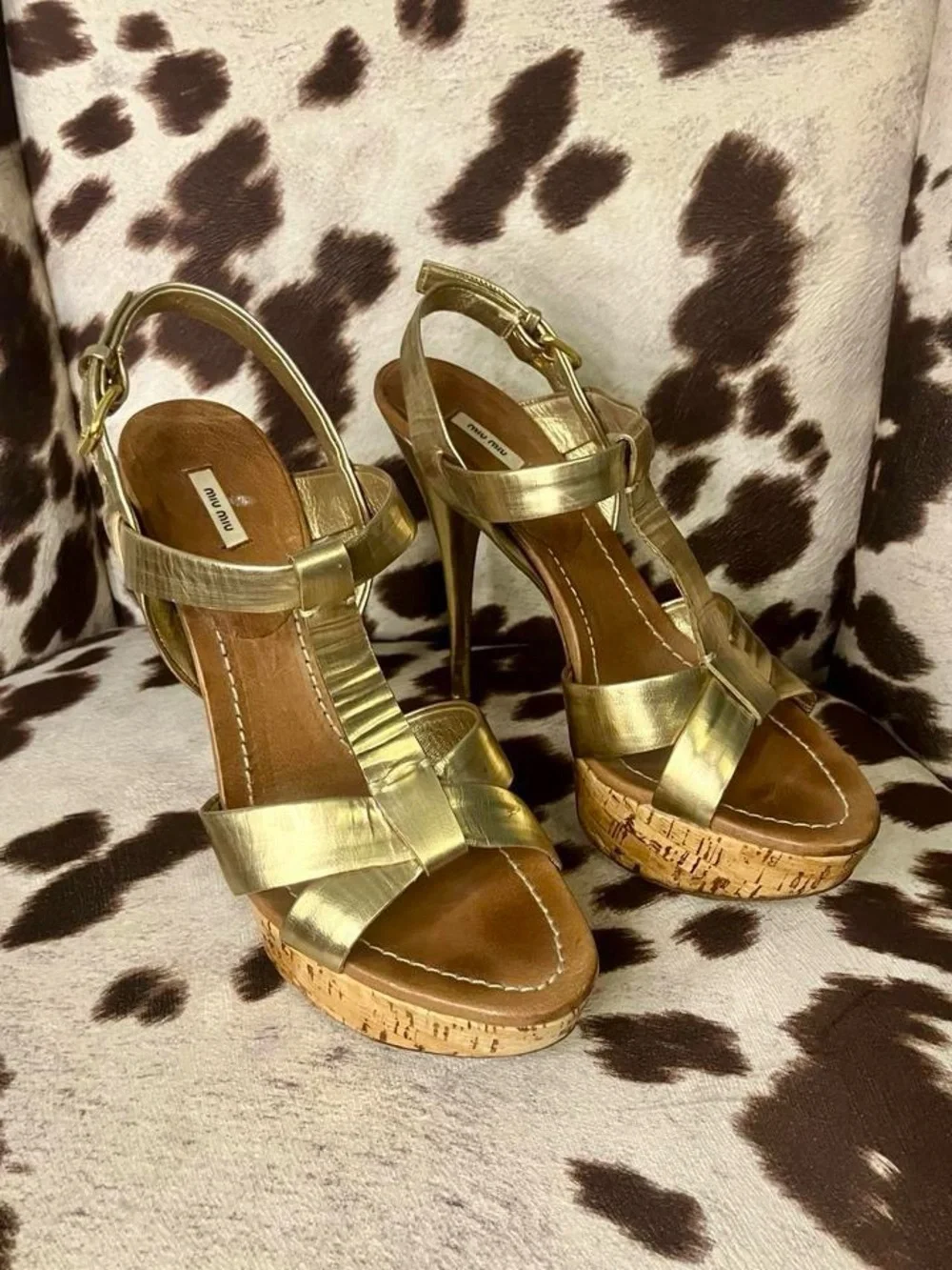 Miu Miu Metallic Gold Leather Cork Platform Heels